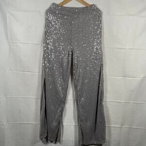 🔵 SHEIN BAE Women`s Size M Silver High Waist Sequins Wide Leg Pants